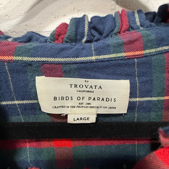 Trovata Birds of Paradis Tartan Plaid Michelle Button Down Shirt Ruffle Lrg Xmas - Picture 10 of 14